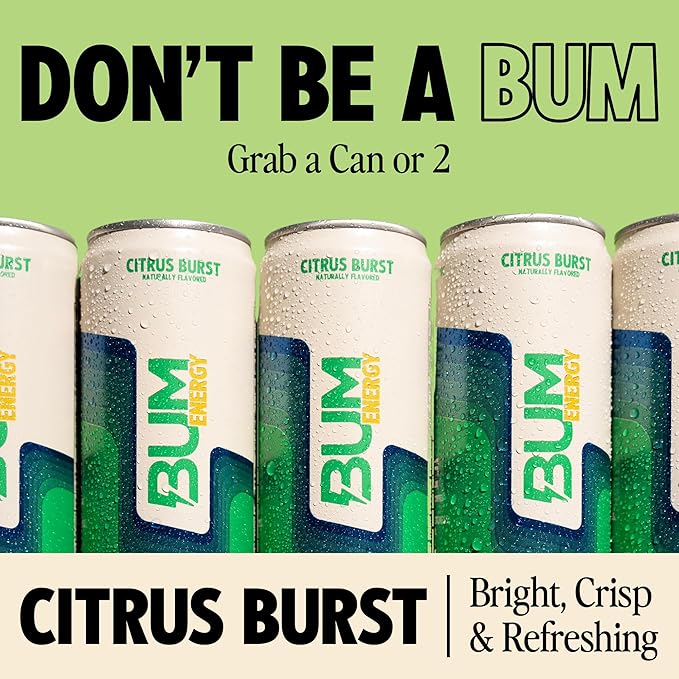 BUM Sugar-Free Energy Drink Citrus Burst - Lightly Carbonated &amp No Artificial Colors Natural Caffeine &amp Citicoline for Energy &amp Focus Brain Boost &amp Workout Sports Beverage - 12 oz