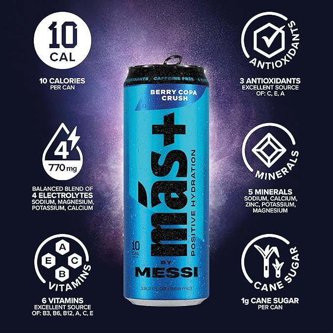 Más+ By Messi 19.2oz Berry Copa Crush Sports Drink &amp Hydration Beverage Natural Flavors with Vitamins and Electrolytes No Artifical Sweeteners or Colors 12-pack
