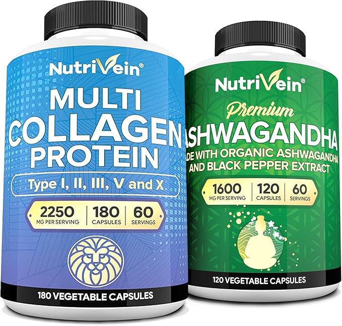 Nutrivein Premium Multi Collagen Capsules &amp Ashwagandha Supplements Bundle: High-Absorption Ashwagandha Root &amp Multi Collagen Peptides Capsules for Body and Mind