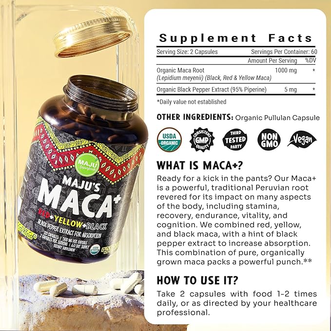 Maju Superfoods 4-in-1 Maca Root Capsules Organic Black Yellow &amp Red Roots w Black Pepper Extract for Absorption (120 ct) | Peru Product Peruvian Powder Men &amp Women Supplement 60000 mg