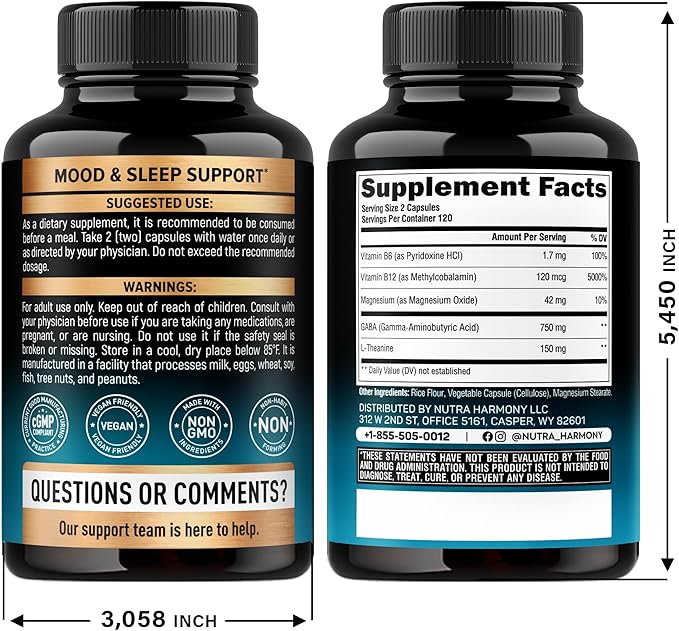 GABA L-Theanine 900 mg - Made in USA - Magnesium | Vitamin B6 - Calm Sleep Relaxation &amp Mood Support - 750 mg Gamma AminoButyric Acid 150 mg L-Theanine - Non-Habit Forming Vegan - 240 Capsules
