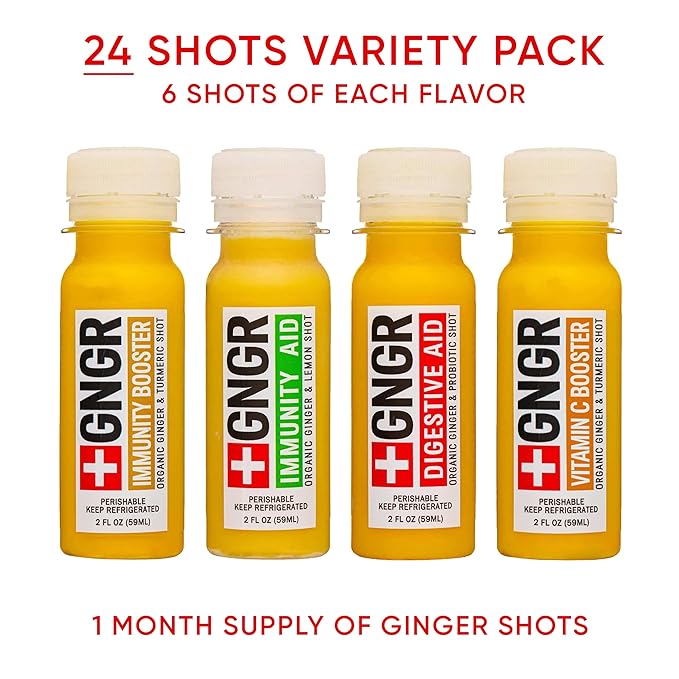 GNGR 24 Shots Variety Pack of Organic Cold-Pressed Ginger Shots – 4 Target Formulas with Peruvian Ginger High-Absorption Turmeric &amp Vitamin C for Immunity Digestion &amp Detox – 2 fl oz (Pack