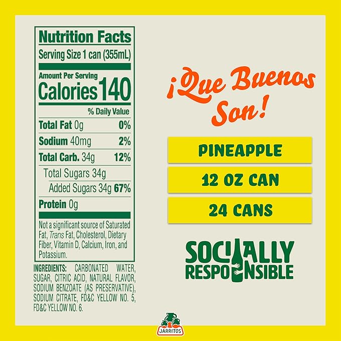 Jarritos - Mexican Soda Soft Drinks Pineapple (12 oz 355ml) 24 Cans (3 Boxes of 8) - Real Cane Sugar - 0g Fat - Made in Mexico - Natural Flavor Soda Pop - Party &amp BBQ Beverages