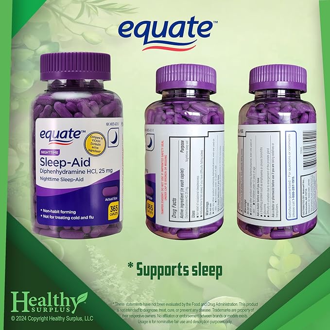 Equate Sleep-Aid Diphenhydramine HCI 25 mg 365 Caplets and Vital Volumes Sleep Steps Tips Card