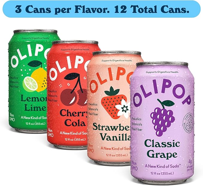 OLIPOP Prebiotic Soda PopFruity Fun VarietyPantry Pack Packed with PrebioticsFiberand BotanicalsGluten FreeVeganGMO Free12oz(Pack of 24)