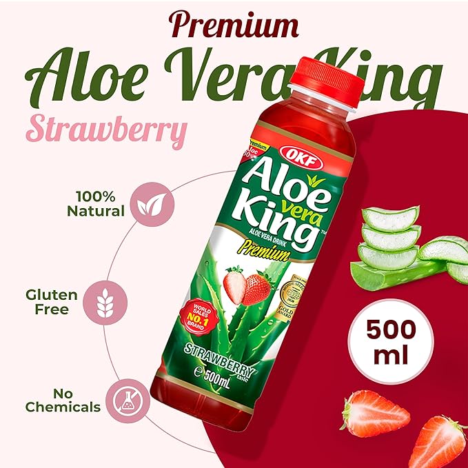 OKF Aloe Vera King Drink with Pure Aloe Pulp Variety Flavors 16.9 oz. (Strawberry Pack of 20) Korean Premium Health Beverage
