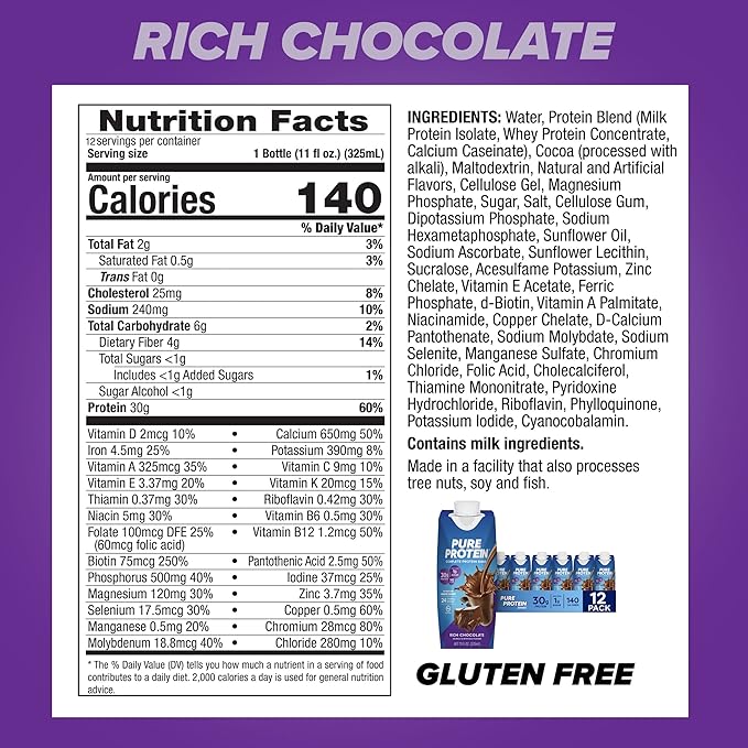 Pure Protein Chocolate Protein Shake 30g Complete Protein Ready to Drink and Keto-Friendly Vitamins A C D and E plus Zinc to Support Immune Health 11oz Bottles 12 Pack