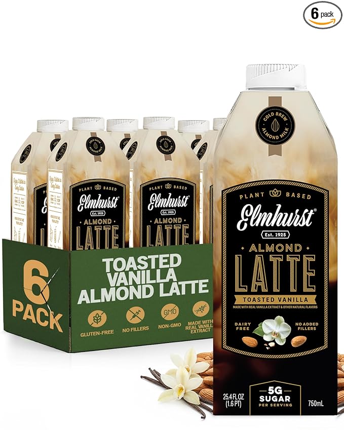 Elmhurst 1925 Toasted Almond Vanilla Latte – Plant-Based Vegan Dairy-Free Plant Milk Latte Made of Cold Brew Premium Arabica with 95mg Caffeine &amp Madagascar Vanilla – 25.4oz (Pack of 6)