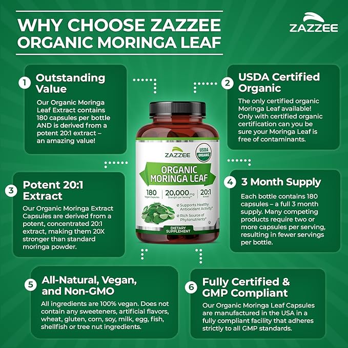 Zazzee USDA Organic Moringa Leaf 20:1 Extract 180 Vegan Capsules 3 Month Supply Certified Kosher Moringa Oleifera Antioxidant Immune &amp Cellular Support Superfood Supplement Made in the USA