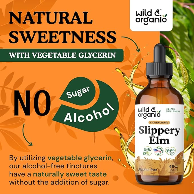 Wild &amp Organic Slippery Elm Liquid Drops - Lung Digestive &amp Women's Support - Slippery Elm Bark Supplement - Add to Tea Tincture - Ulmus Rubra Herb - Vegan Sugar &amp Alcohol-Free - 4 fl oz