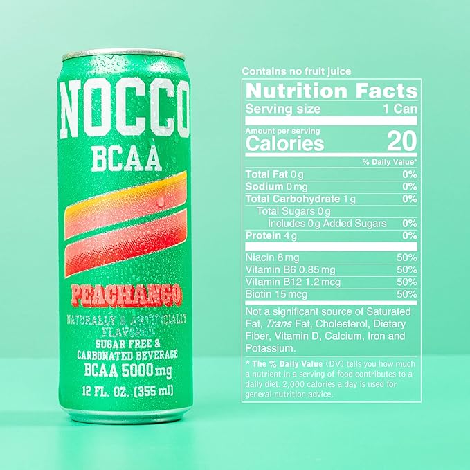 NOCCO BCAA Drink Peachango - 12 Fl Oz (Pack of 12) - 0mg of Caffeine 5000mg of BCAAs – Sugar &amp Caffeine Free Low Calorie Carbonated Drink with Vitamin B6 B12 Biotin - Grab &amp Go Performance