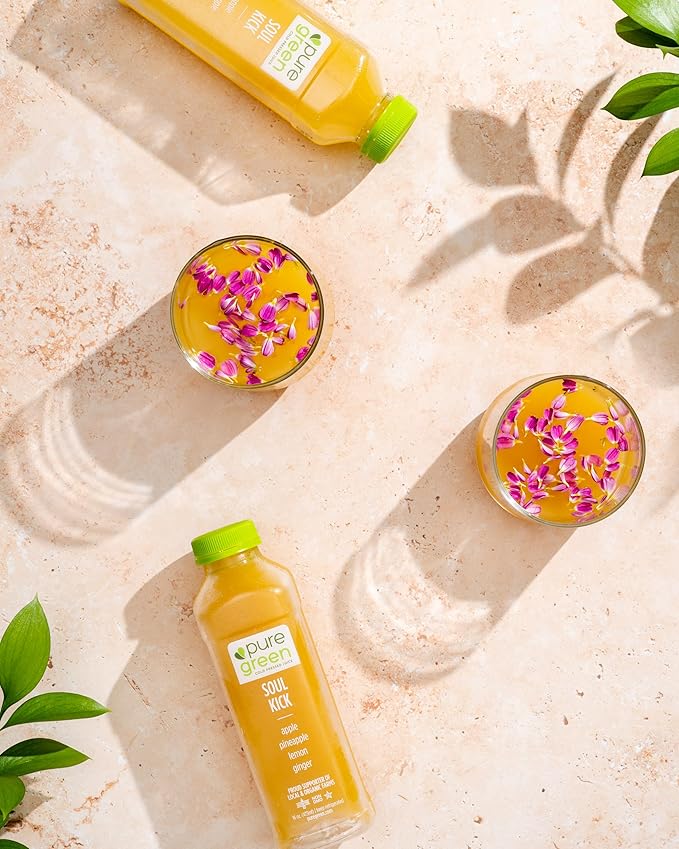 Pure Green Cold Pressed Juice - Soul Kick - Fresh Functional Blend with Apple Pineapple Lemon Ginger - Natural Gluten Free Non-GMO No Artificial Colors or Flavors - Made from Real Fruits &amp V