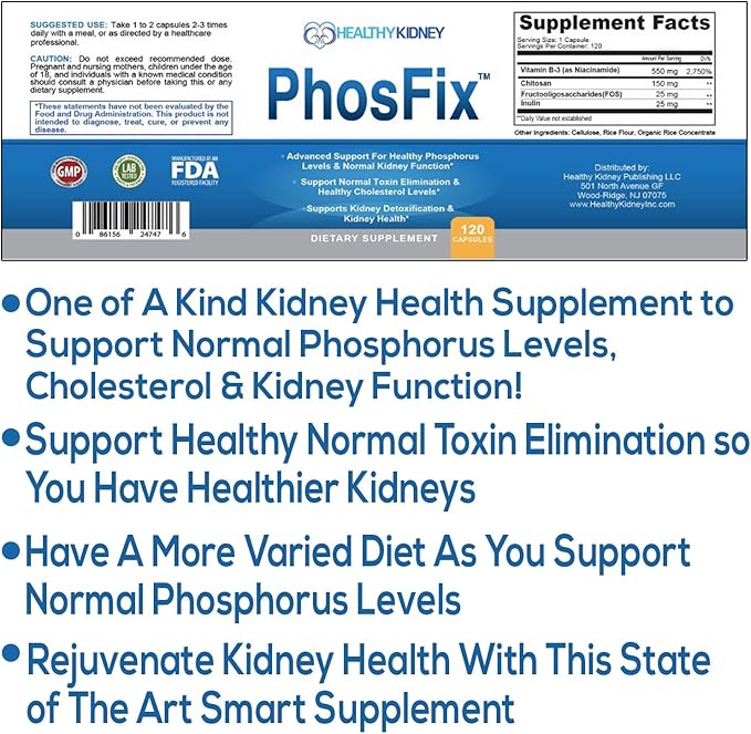 PhosFix 120 Pills Phosphorus Binder with Chitosan for Supporting Normal Phosphorus Levels and Kidney Health. Renal Supplement Optimal Health