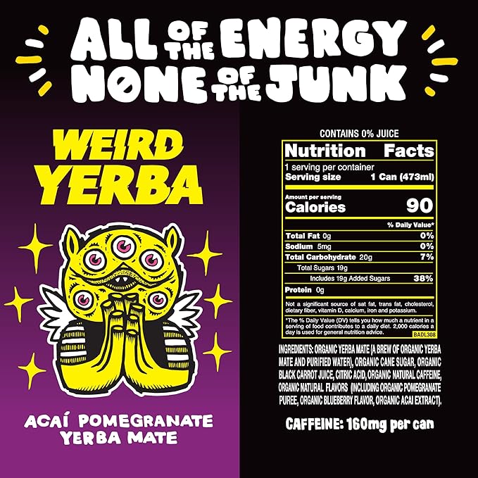 Drink Weird Organic Acai Pomegranate Yerba Mate – 16oz Cans 160mg Organic Caffeine Pack of 12 – Antioxidant-Rich Energy Drink Alternative