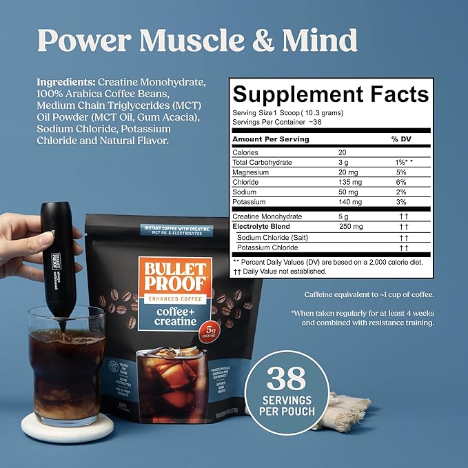 Bulletproof Coffee + Creatine Instant Coffee 5g Micronized Creatine Monohydrate with Electrolytes &amp MCT Oil Clean Toxin-Tested Beans Energy &amp Performance Support 38 Servings