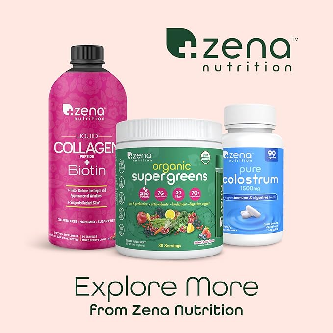 Zena Nutrition Liquid Collagen Peptides and Biotin Mixed Berry 20.3 Fl Oz + Organic Supergreens Greens Powder 70+ Superfoods Mixed Berry 30 Servings