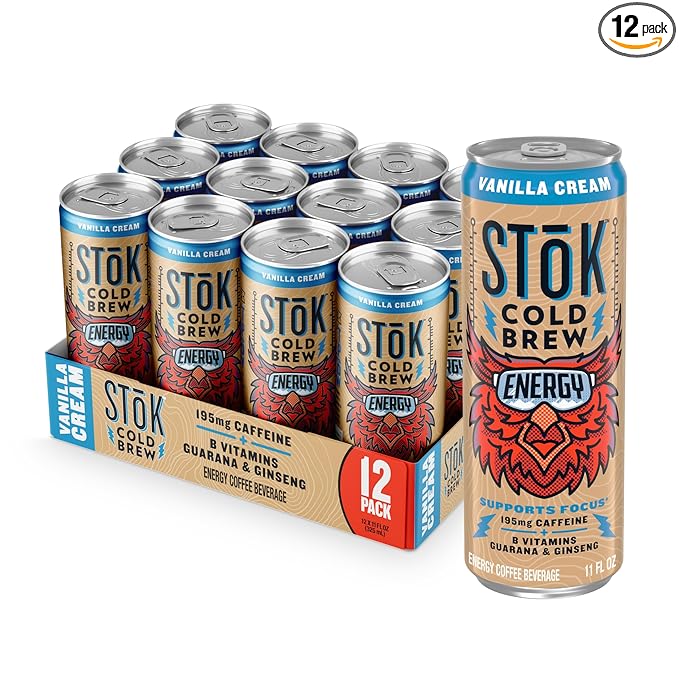 SToK Cold Brew Energy Vanilla Cream Energy Coffee Beverage with 195mg Caffeine to Help Support Focus Canned Coffee with B-Vitamins Guarana and Ginseng11 fl oz 12pk