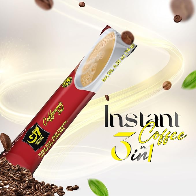 Trung Nguyen G7 Instant Coffee - 3-in-1 with NANO+ Technology Roasted Ground Blend Non-dairy Creamer &amp Sugar (100 Sticks)