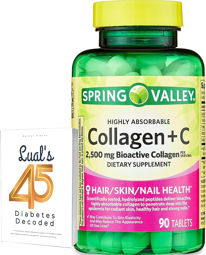 Spring Valley Collagen + C Tablets for Hair/Skin/Nail Health 2500 mg 90 Count Highly Absorbable Collagen Plus Vitamin C Bundle with Luall's 45 Diabetes Decoded