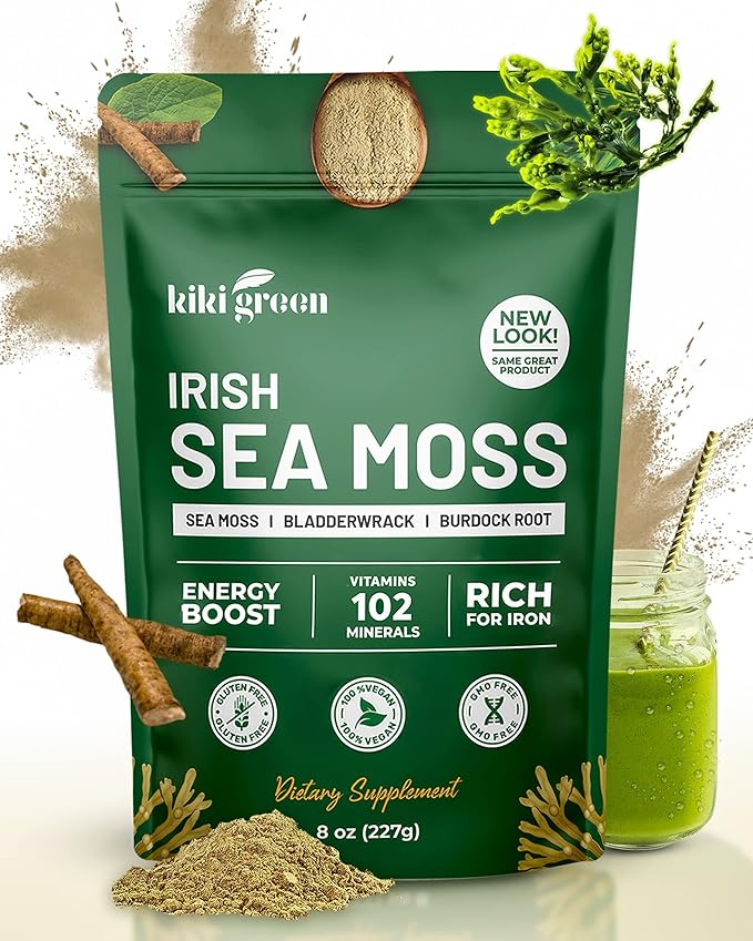 KIKI Green Irish Sea Moss Powder 8 Oz - with Bladderwrack Burdock Root Extract for Immune Support - Keto Vegan Supplement