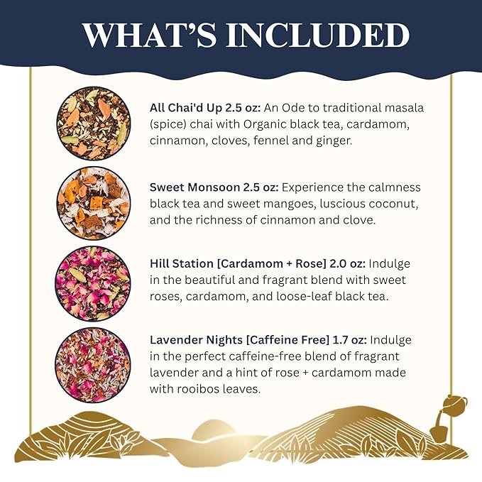 The Chai Box Ultimate Tea Lover's Gift Set - Featured in Oprah's Favorite Things | Caffeinated and Caffeine Free Loose-Leaf Tea Gift Box (Pack of 4) 10 oz | Small Batch Assorted Tea Sampler with Whole