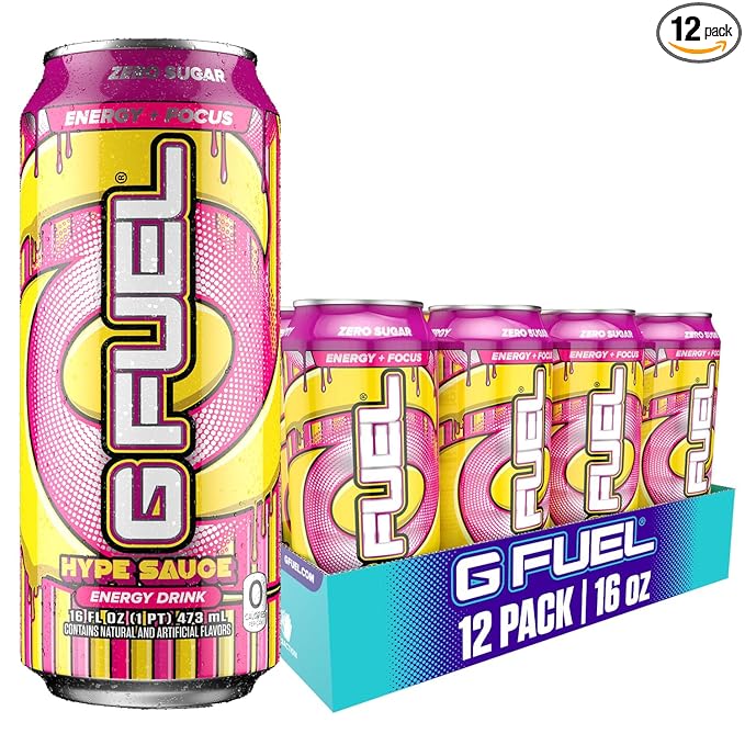 G Fuel Energy Drink Raspberry Lemonade Sugar Free Beverage with 300mg Caffeine Daily Energy Boost with Focus Amino Vitamin + Antioxidants 16 oz Cans (Hype Sauce 12-Pack)