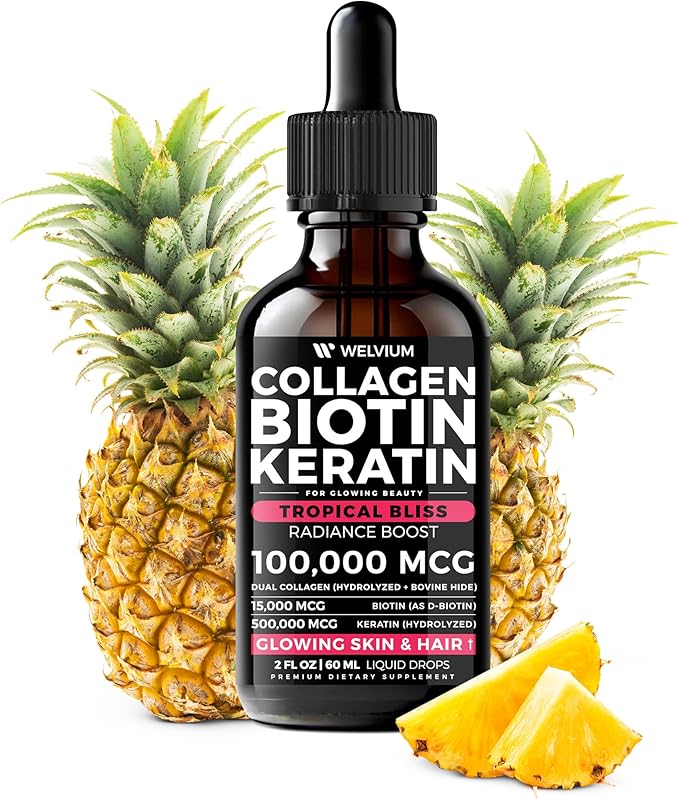 Liquid Biotin and Collagen Peptide Complex with Keratin Hyaluronic Acid MCT Oil Zinc Vitamins B6 B7 B12 A C D3 E - Hair Skin and Stronger Nails Supplement - 2 Pack