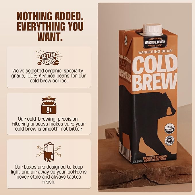 Wandering Bear Organic Vanilla Cold Brew Coffee - Extra Strong Bold Smooth Unsweetened Shelf-Stable Ready to Drink Gluten Free &amp Vegan Iced Cold Brewed Coffee Drink - 32 fl oz 6 pack