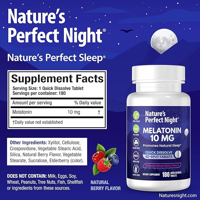 Nature's Perfect Night Melatonin 10mg Quick Dissolve Mixed Berry 180 Count with Serenity Magnesium Powder 15 oz Lemon Raspberry