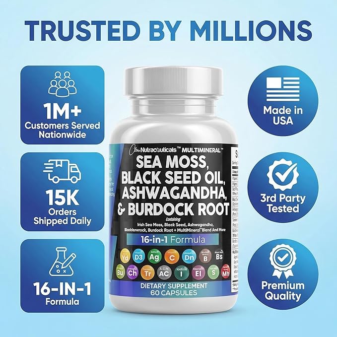 Clean Nutraceuticals Sea Moss Black Seed Oil Ashwagandha Turmeric Bladderwrack Burdock &amp Vitamin C Vitamin D3 with Elderberry Manuka Dandelion Yellow Dock Iodine Chlorophyll ACV