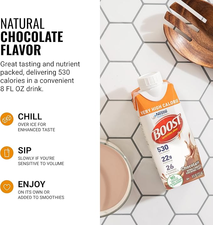 BOOST Very High Calorie Nutritional Drink – Helps Weight Gain &amp Maintenance - 530 Calories - 26 Vitamins &amp Minerals - 22 g Protein - Calorie-Dense Nutritional Drink - Chocolate - 8 fl oz (Pack