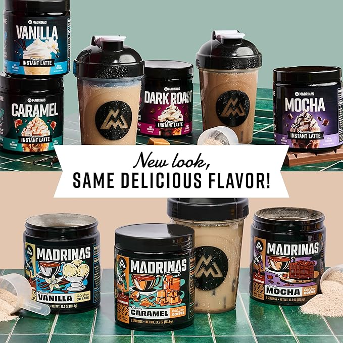 Premium All-Natural Caramel Flavored Instant Coffee Cold Brew Latte Mix - 8 Servings - High Caffeine Rich &amp Flavorful Gluten-Free Convenient | MADRINAS