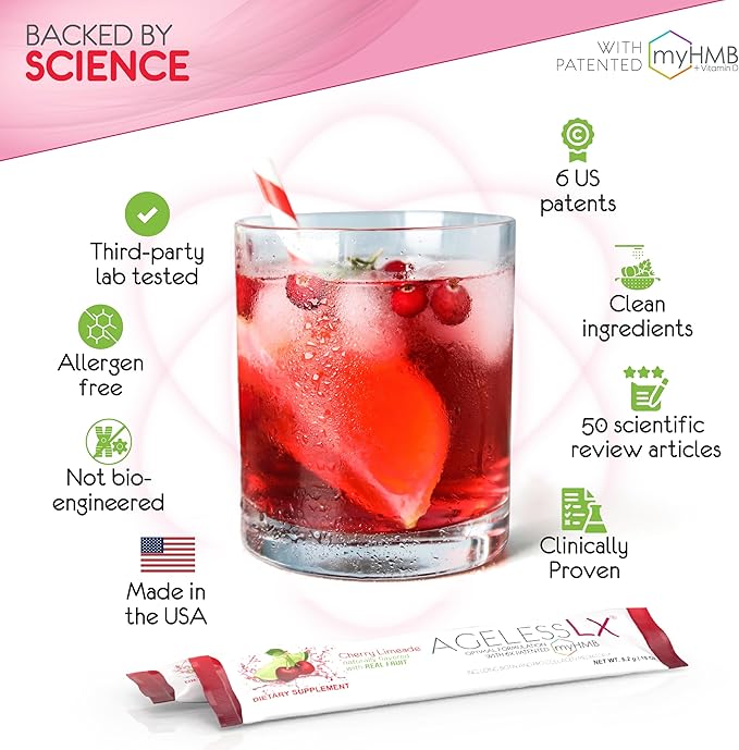 AgelessLX Powder Supplement for Women - with HMB Collagen Enhancer Plus Vitamin D3 with K2 Horsetail and Biotin for Lean Muscle and Stronger Hair and Nails - 30 Powder Packets Cherry Limeade