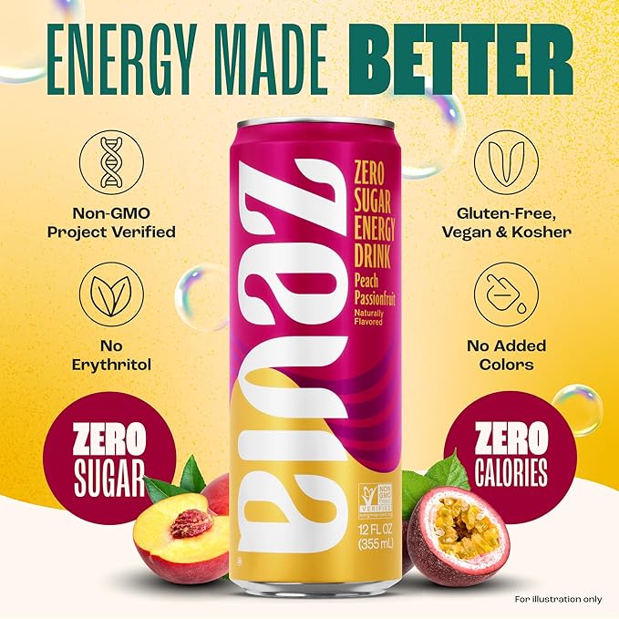 Zevia Zero Sugar Energy Drink Peach Passionfruit 12 oz Cans (12-Pack) – Naturally Sweetened Non-GMO Project Verified Gluten-Free Vegan