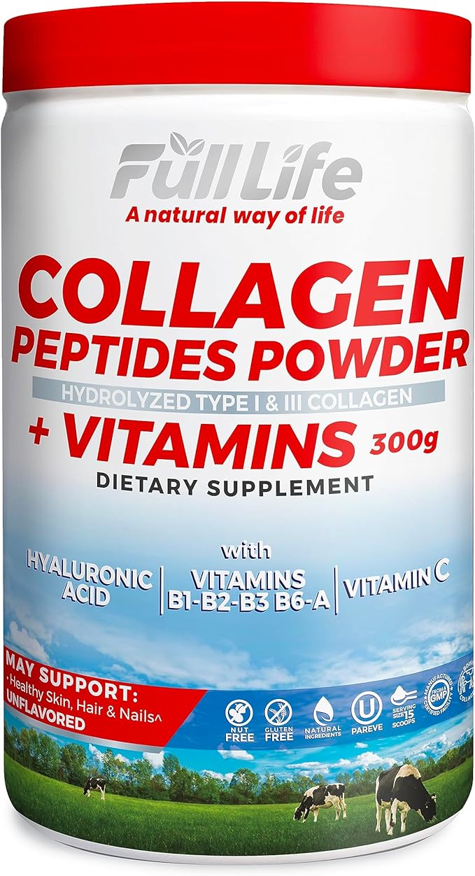 Full Life Collagen Peptides Powder - Bovine Collagen Supplement with Hyaluronic Acid - Hydrolyzed Collagen Powder for Women and Men - Kosher Gluten-Free - 300g