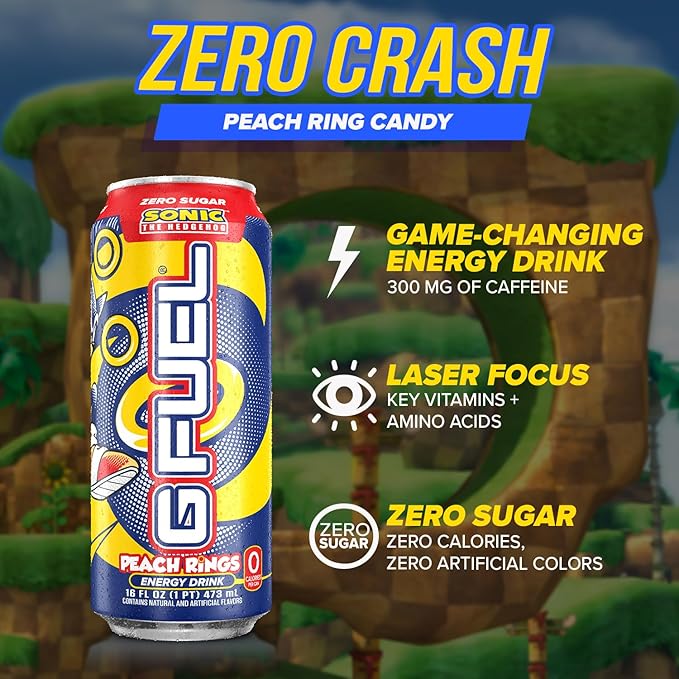 G Fuel Energy Drink Peach Ring Candy Sugar Free Beverage with 300mg Caffeine Daily Energy Boost with Focus Amino Vitamin + Antioxidants 16 oz Cans (Sonic 12-Pack)