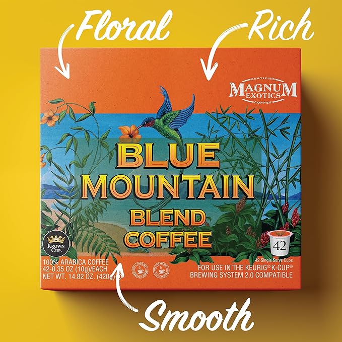 Magnum Exotics Coffee Blue Mountain Blend - Light-Medium Roast Ground Coffee Pods Single Serve Made With 100% Arabica Beans Freshly Roasted Mild Acidity - 42 Count (Pack of 1)