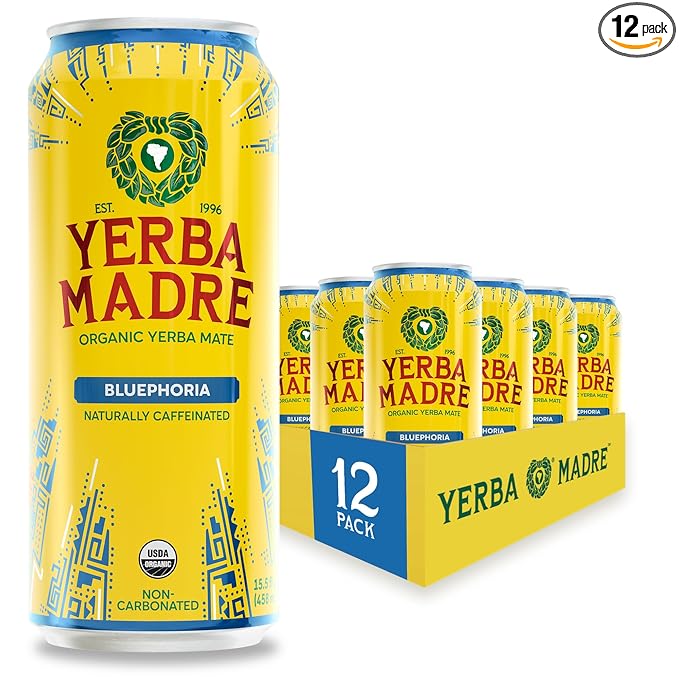 Yerba Madre Organic Yerba Mate Bluephoria 150mg Natural Caffeine Energy Drink Alternative No Jitters or Crash 15.5 Oz Cans (Pack of 12)