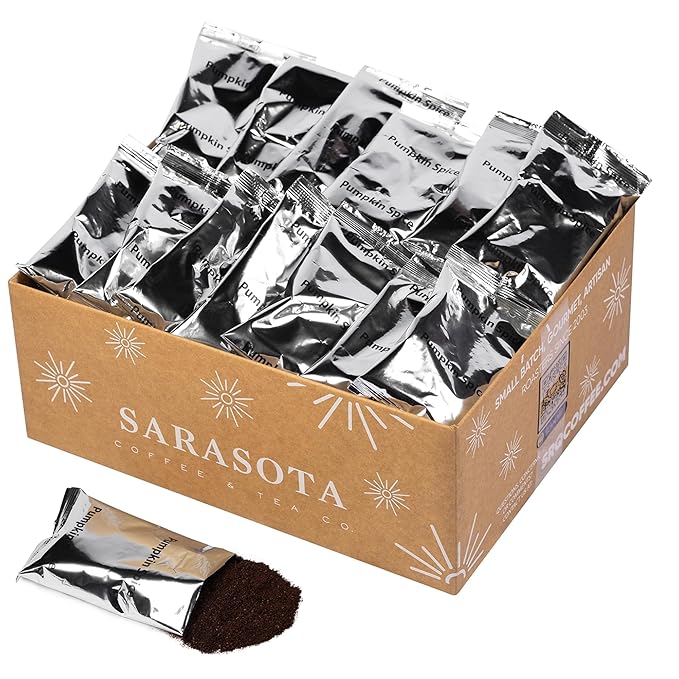 Sarasota Coffee Ground Packets | Gourmet Flavored Medium Roast Bulk Coffee Packs | Pumpkin Spice | Low Acid Mold Free Singles Individual Pouches for 12 Cups Maker | 2 Ounce Bags 36 Count