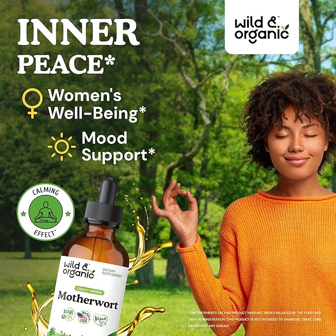 Wild &amp Organic Motherwort Tincture - Good Mood Calmness Overall Support - Supplements for Women with Motherwort Herb - Vegan Sugar &amp Alcohol-Free Extract Drops - 4 fl oz