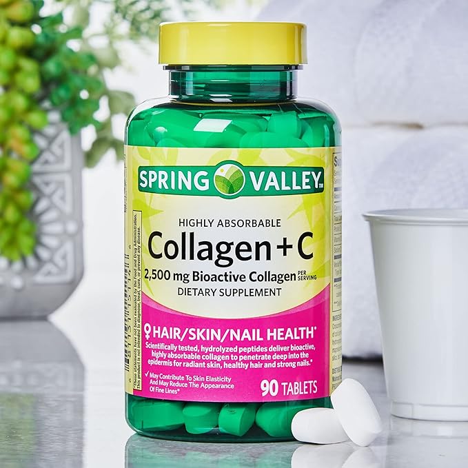 Spring Valley Collagen + C Tablets for Hair/Skin/Nail Health 2500 mg 90 Count Highly Absorbable Collagen Plus Vitamin C Bundle with Luall's 45 Diabetes Decoded