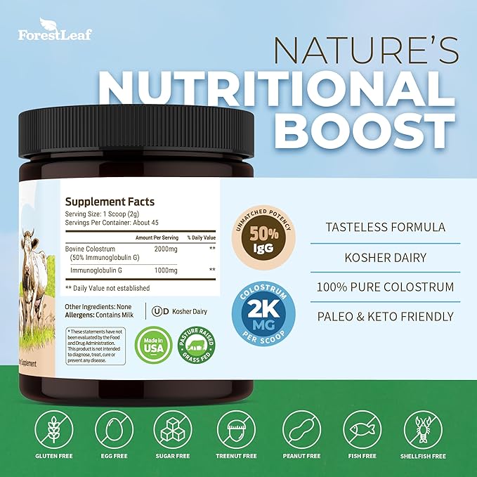 ForestLeaf Colostrum Powder 50% IgG Highest Pure Concentration Grass Fed Colostrum Supplement for Gut Health Immune Support and Muscle Recovery Bovine Colostrum for Humans Unflavored 45 Servings