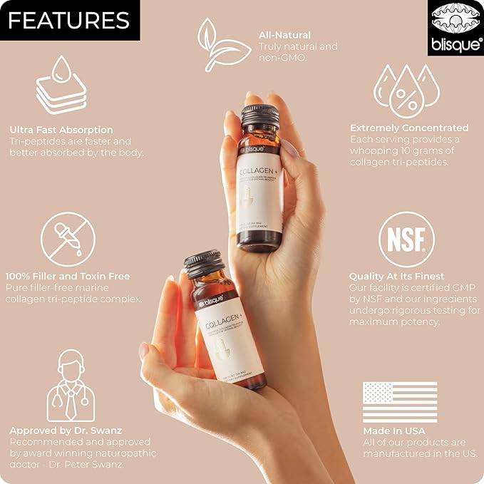 Blisque - Liquid Collagen Tri-Peptide Complex | with Biotin and Hyaluronic Acid | for Hair Skin and Nails | 30 Bottles | 30-Day Supply