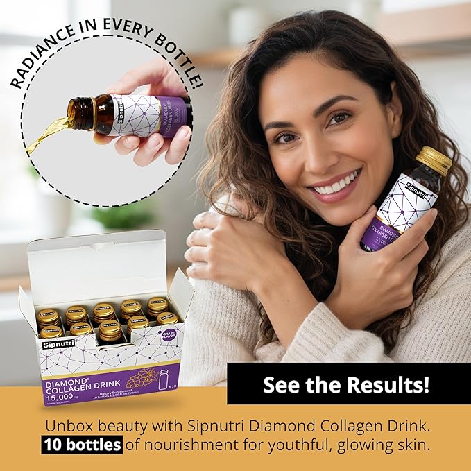 Diamond Collagen Drink 15000mg Marine Collagen Peptides Liquid Shots Best Served Chilled to Minimize Fish Taste Supports Skin Hair &amp Nail Health-1.69 fl oz x10