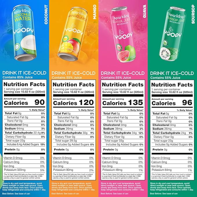 Yoopy Sparkling Fruit Juices Variety Pack – 12 Cans (10.82 fl oz Each) – with 55% Real Juice – Tropical Flavours Naturally Refreshing