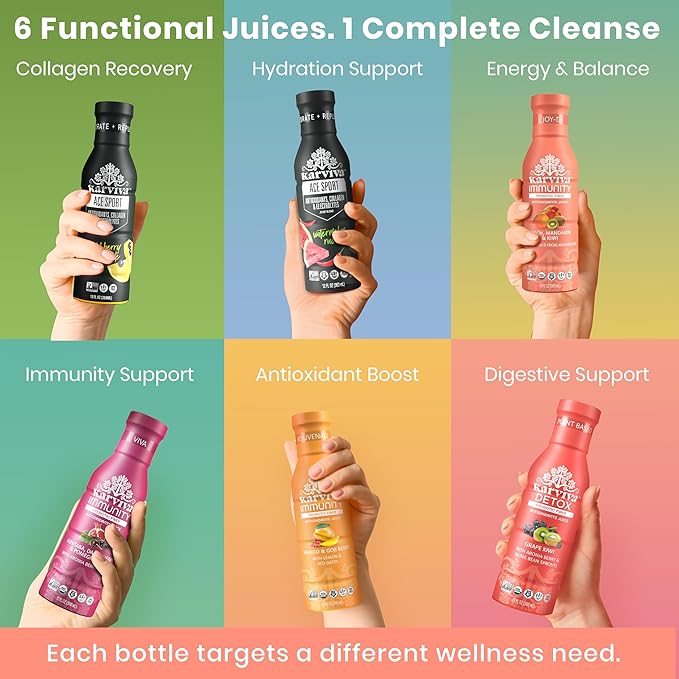 Karviva Organic Juice Cleanse for Glowing Skin Digestive Support &amp Craving Control with Sprouts Herbs &amp Marine Collagen – Low Sugar Prebiotic Fiber Antioxidants &amp Vitamins – 6 BPA-Free