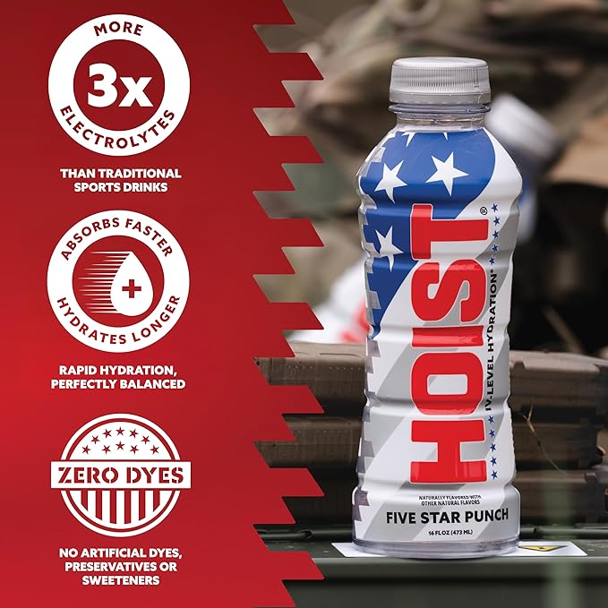 HOIST Premium Military Hydration Electrolyte Drink Powerful IV-Level Hydration Clinically Proven Dye Free Performance Drink Five Star Punch 16 Fl Oz (Pack of 12)