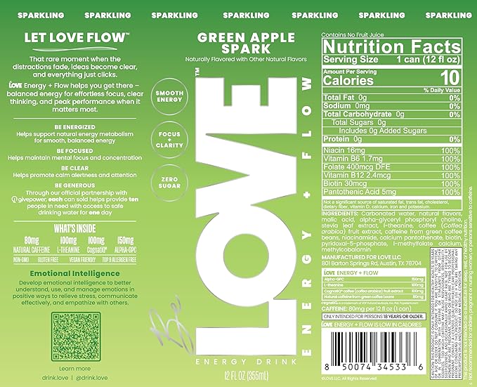 Be LOVE Energy + Flow – 80mg Natural Caffeine L-Theanine &amp Alpha-GPC for Clean Calm Focus – Zero Sugar Low Calorie 100% DV B-Vitamins – Non-GMO Vegan – 12 fl oz (Pack of 12) (Green Apple Spark
