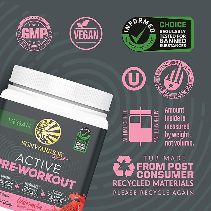 Sunwarrior Pre Workout Powder Energy Drink | Vegan Plant-Based Supplement | Pump Hydrate Focus Endurance &amp Strength Builder | Watermelon Flavored 30 Servings | Active Preworkout