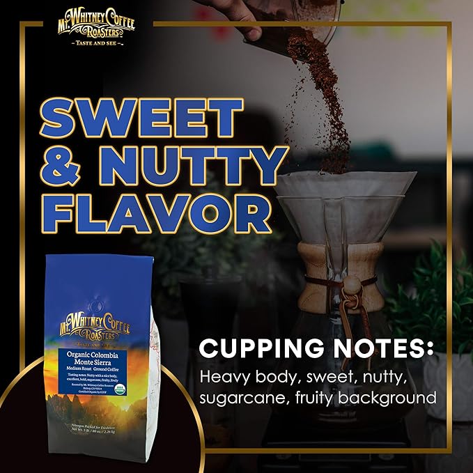 Mt. Whitney Colombia Monte Sierra OrganicSingle origin Medium Dark Roast Smooth Full Flavored low Acid Coffee (Ground 5 Lb)